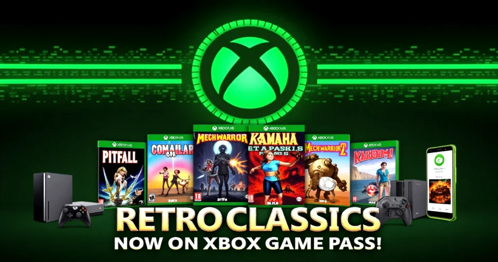 Xbox Game Pass Retro Classics collection featuring over 50 classic Activision games like Pitfall, MechWarrior 2, and Kaboom! now available on console, PC, and cloud.