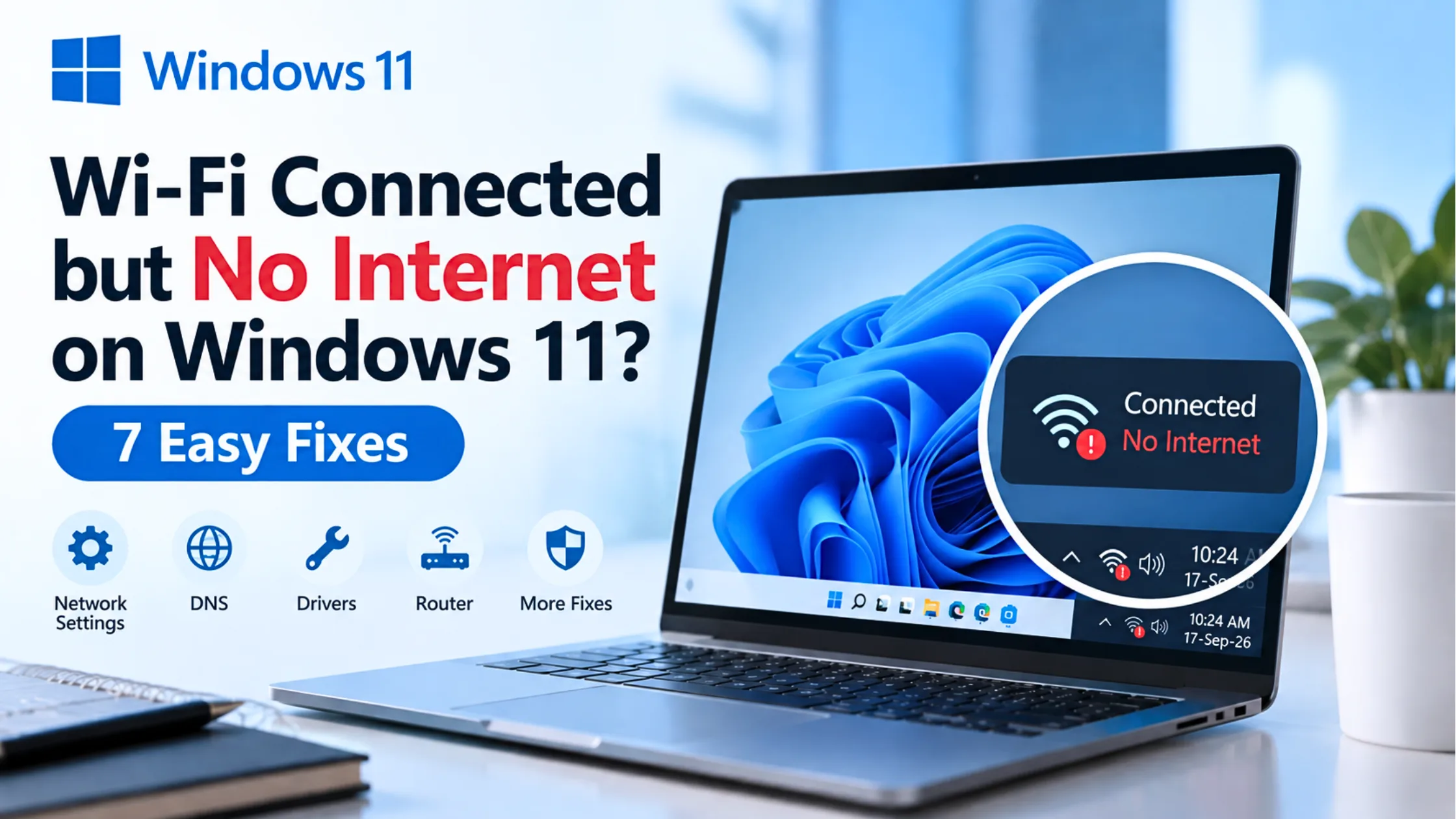 Windows 11 laptop showing Wi-Fi connected but no internet